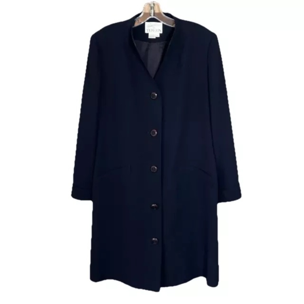 Vintage Rickie Freeman for Teri Jon Women’s Long Black Blue Lined Coat Jacket 16